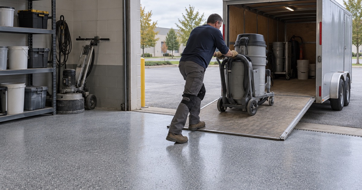 A dust extractor wheeled up the ramp of an unmarked work trailer outside a Brookfield flooring contractor’s shop.