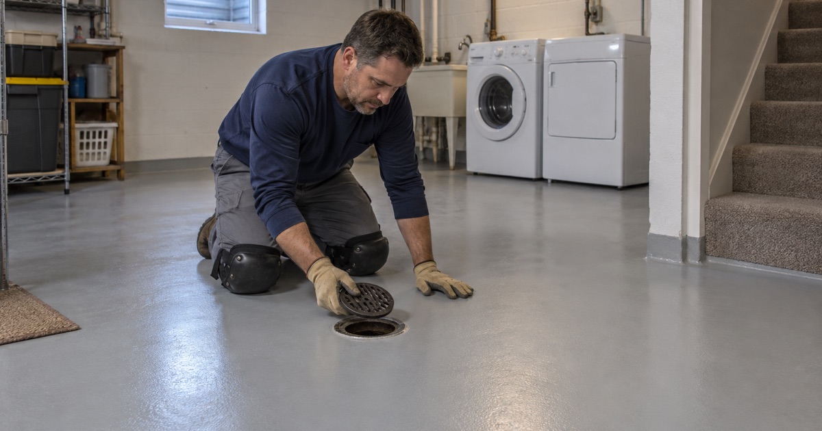 A coated basement floor in a Brookfield home cut cleanly to the rim of its floor drain.