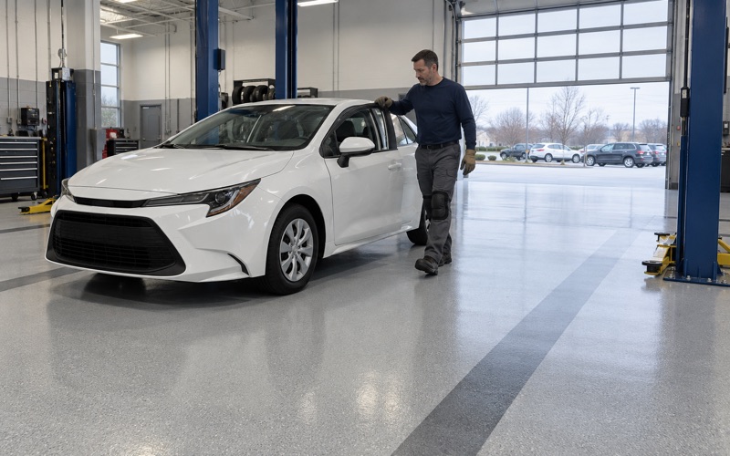 A car rolled onto the new coated floor of a Brookfield dealership's service bay before the doors reopen.