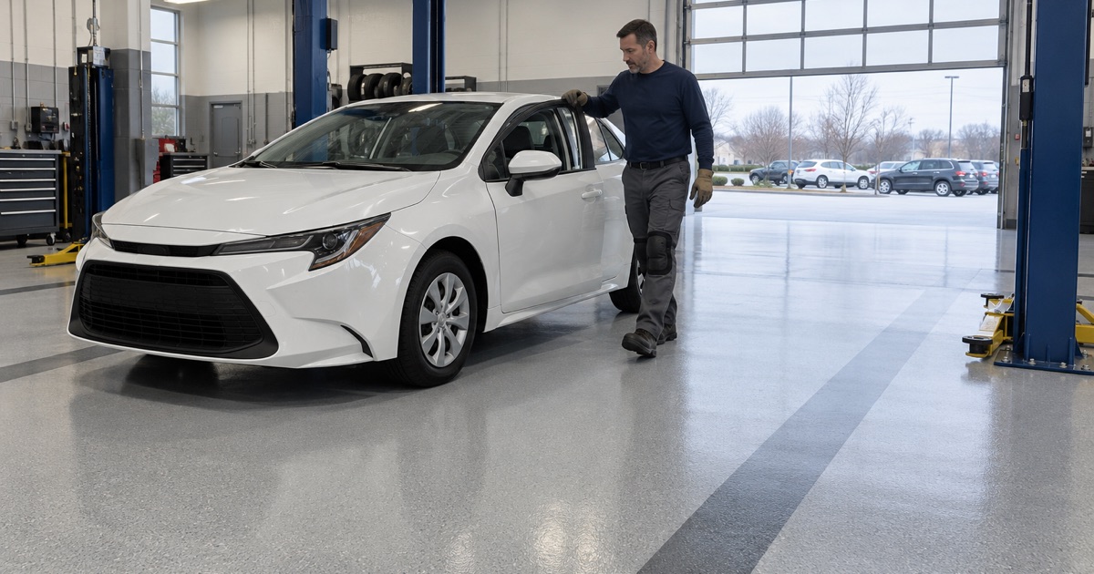 A car rolled onto the new coated floor of a Brookfield dealership’s service bay before the doors reopen.