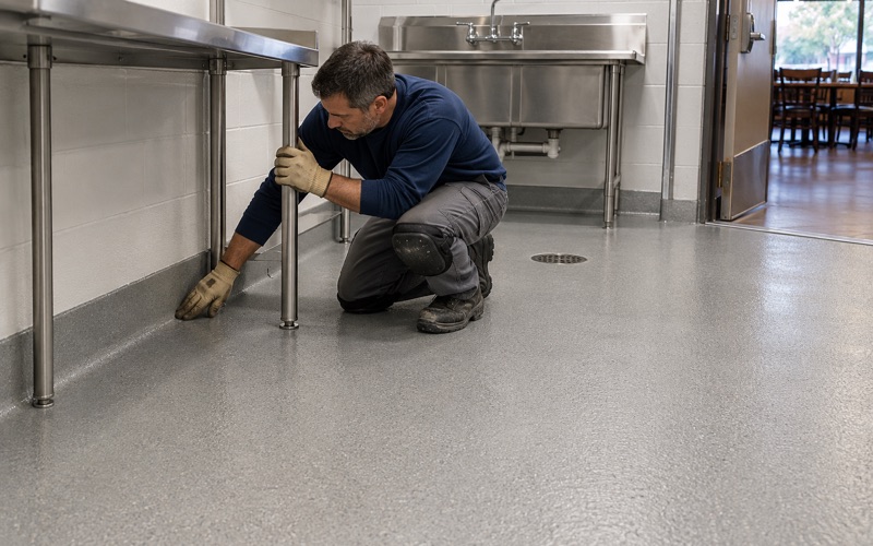 A seamless urethane cement floor carried four inches up the wall around the prep tables of a Brookfield restaurant kitchen.