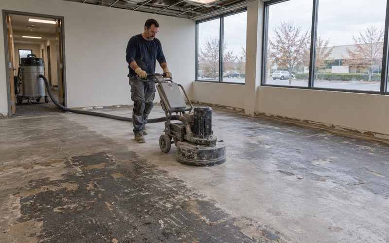 A walk-behind planetary grinder opening up a sealed slab in a Brookfield light-industrial building before coating.