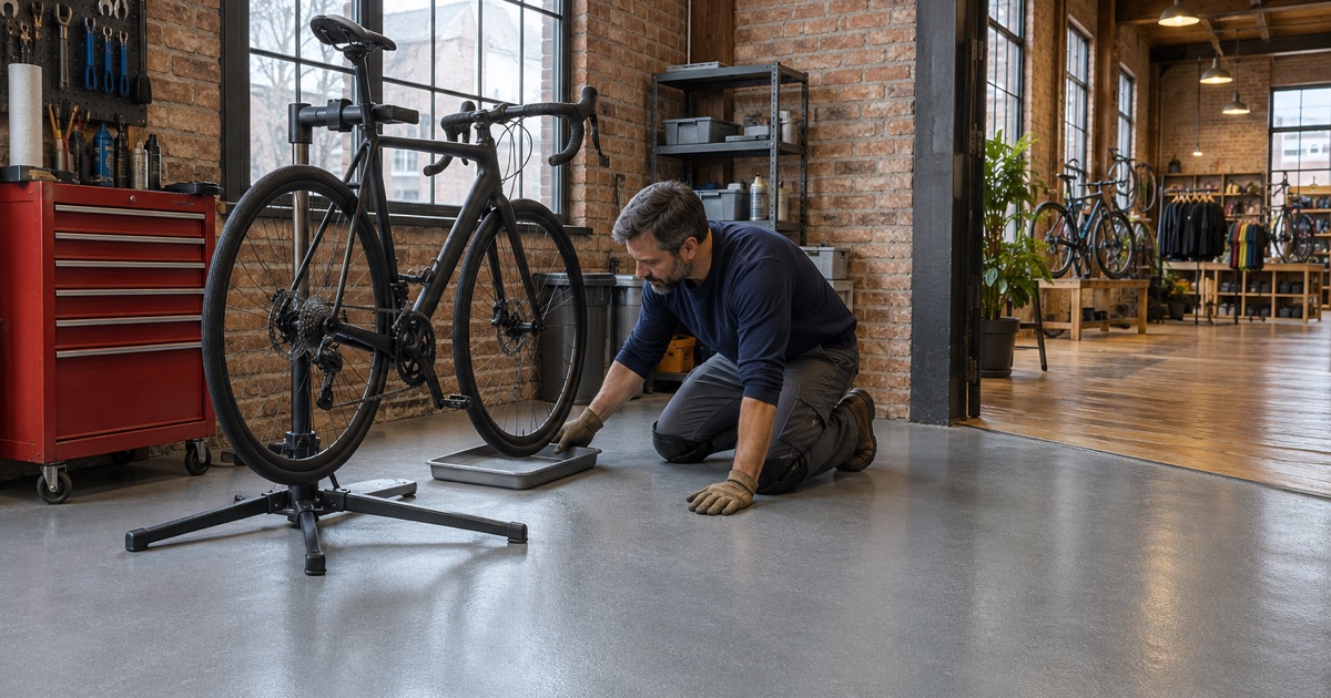 A drip tray under a bike repair stand on the cured coated floor of a bike shop in an old Bay View foundry building.