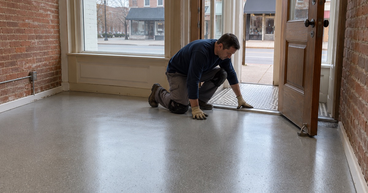A new resin floor inside a downtown Burlington storefront stopping exactly at the door, the old tile entry outside untouched.