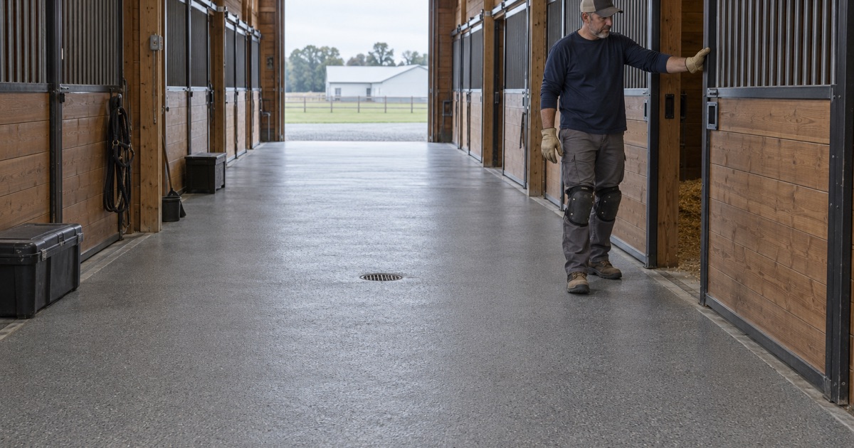 A textured coated aisle in a fairgrounds horse barn in Cedarburg, swept between livestock and event bookings
