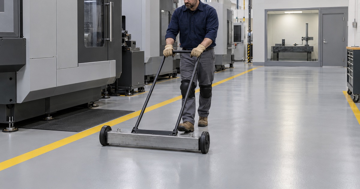 A magnetic sweeper pushed along a non-dusting coated aisle on a Cudahy aerospace machining floor.