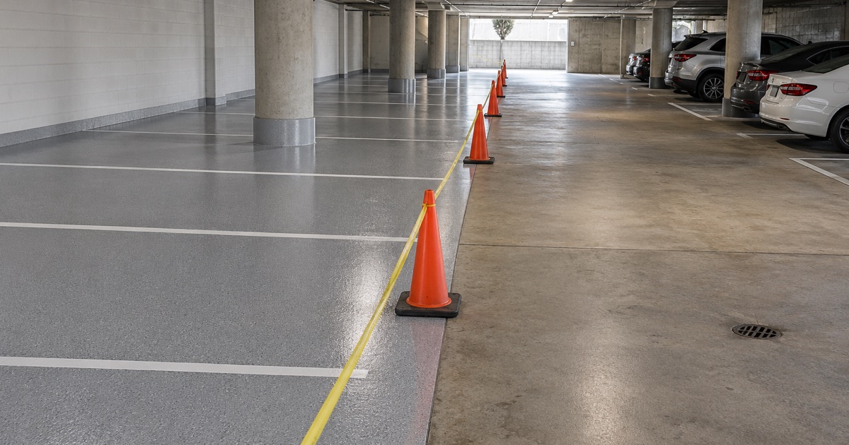 A phased coating in the underground parking level of a converted building in downtown Milwaukee