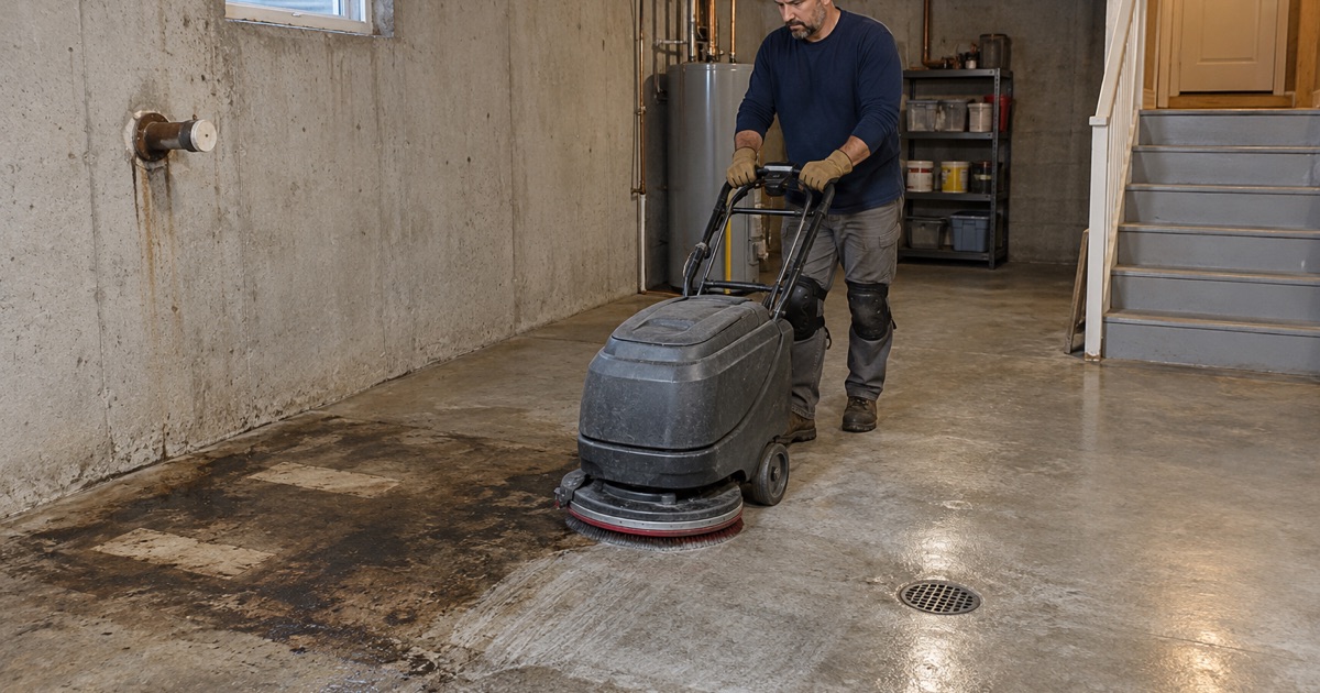 An auto scrubber degreasing the dark stain left where a fuel-oil tank once stood in a Fox Point basement.