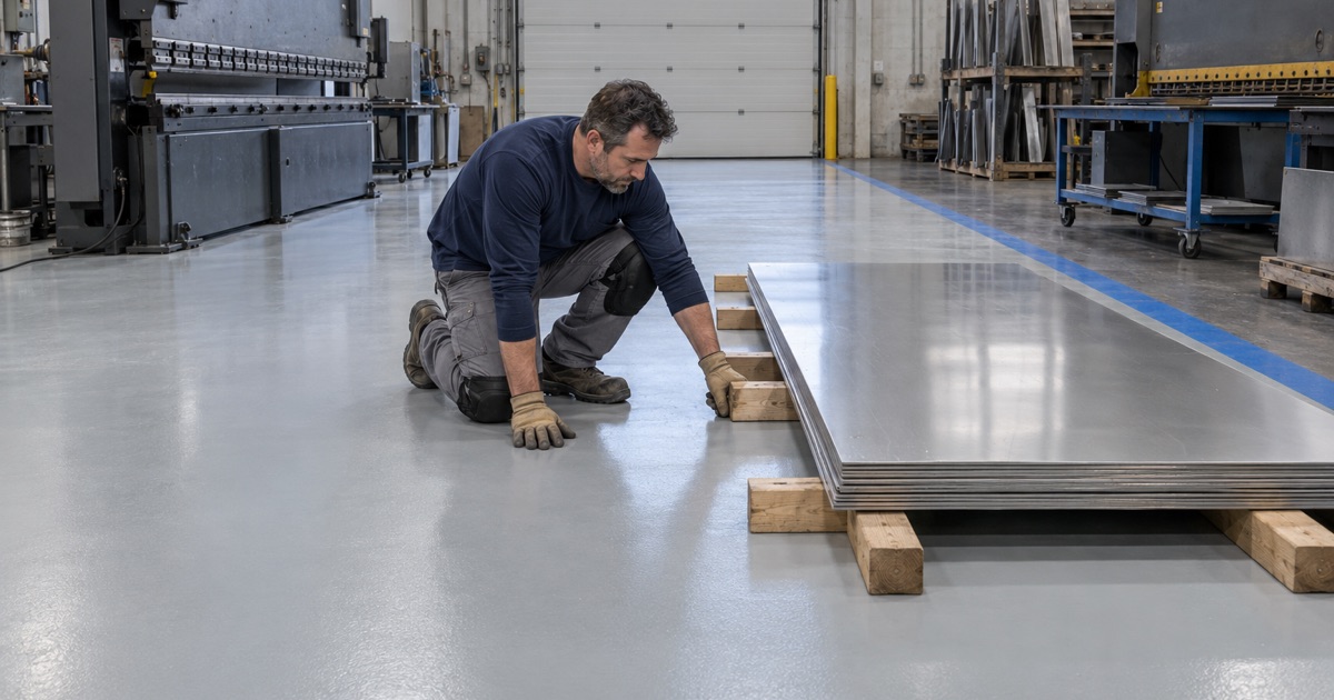 Stainless sheets kept off the floor on wooden planks in the stainless-only bay of a Germantown fabrication plant.