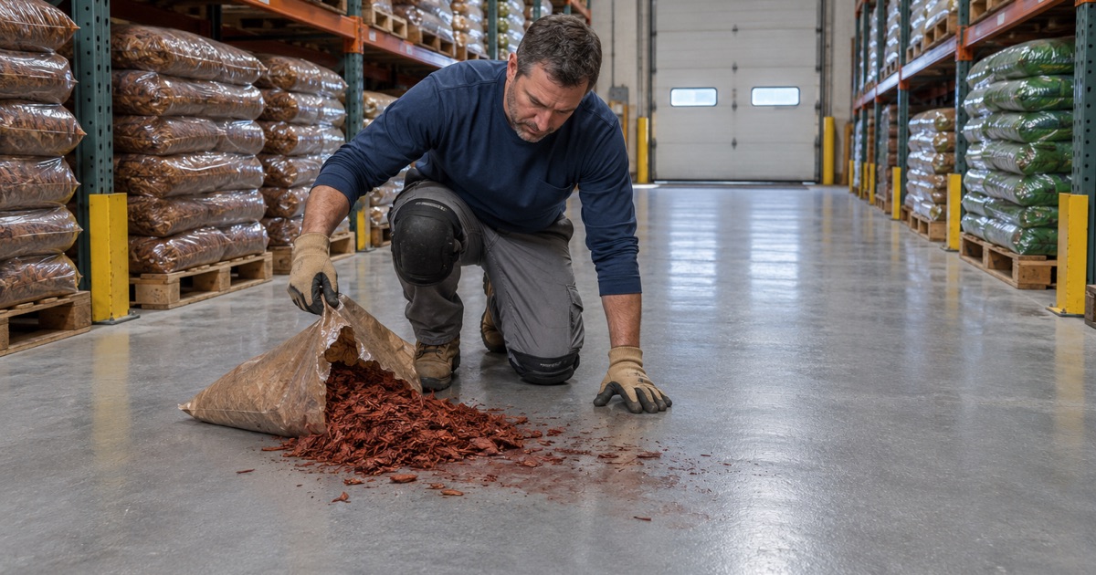 A torn bag of dyed mulch cleaned off the coated aisle of a Glendale garden-retail warehouse before it can stain.