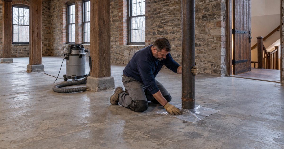 A pipe penetration sealed before grinding on an upper floor of Grafton’s old flour mill, above occupied shops.