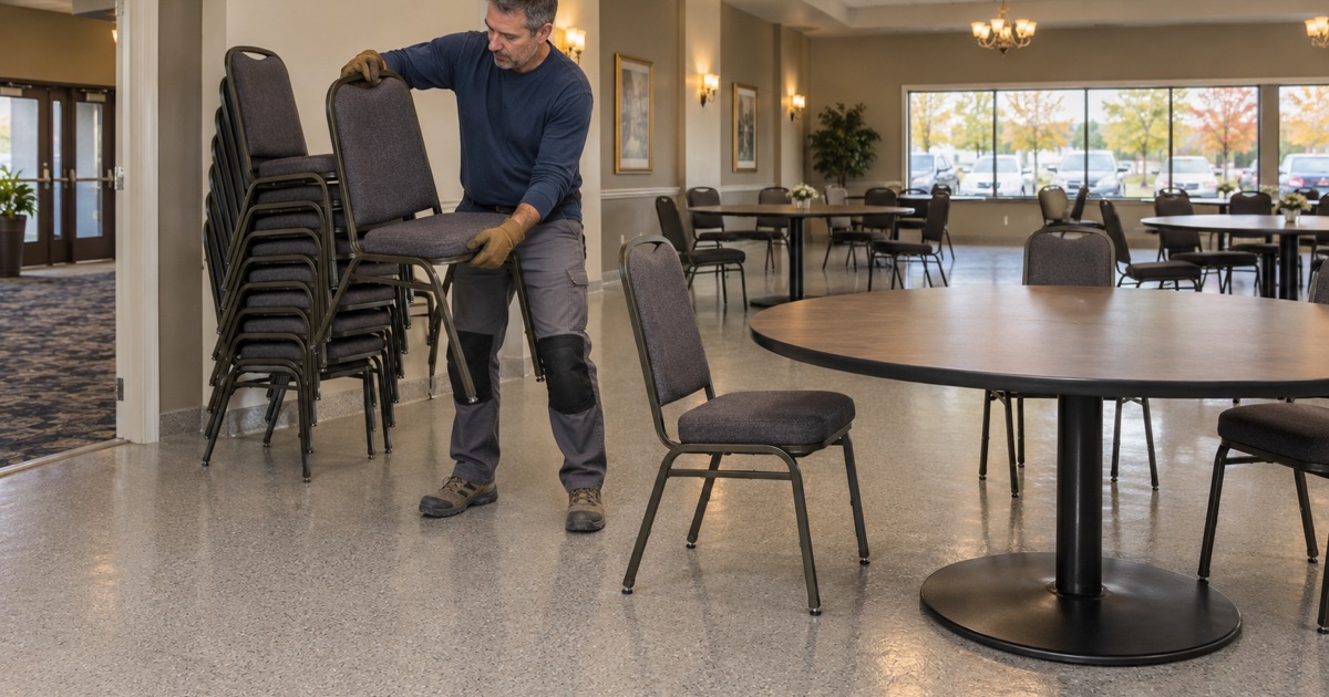 A stack chair set down on its glides on the coated floor of a Greenfield banquet hall.