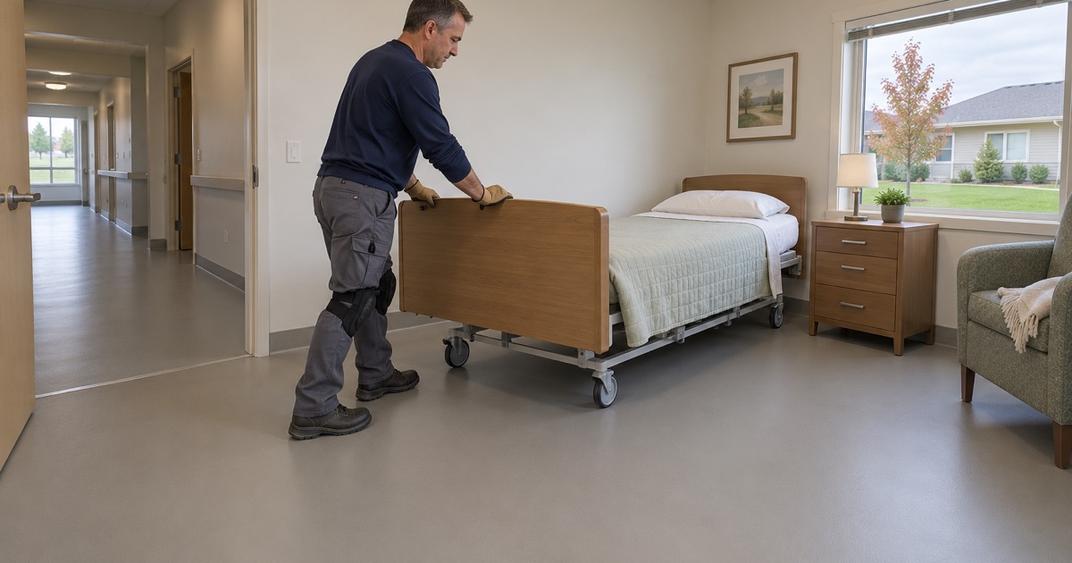 A matte, homelike floor coated in one resident room of a Hales Corners care home, the corridor in matching tone