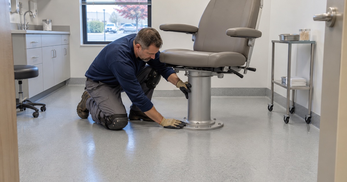 A nonporous floor sealed around the chair base of a treatment room in Milwaukee’s Lincoln Village