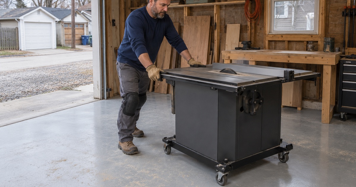 A table saw rolled across a light, sealed floor in the detached garage workshop of an old Martin Drive house.