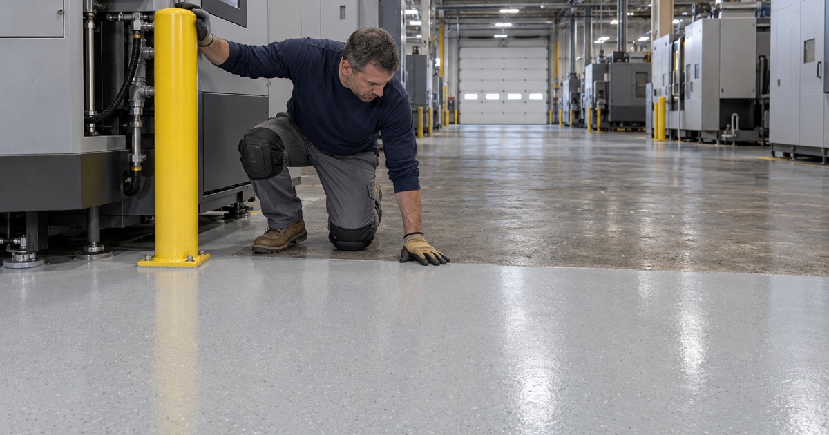 A bright light gray coating meeting a darkened old slab on the floor of a Menomonee Falls powertrain plant.