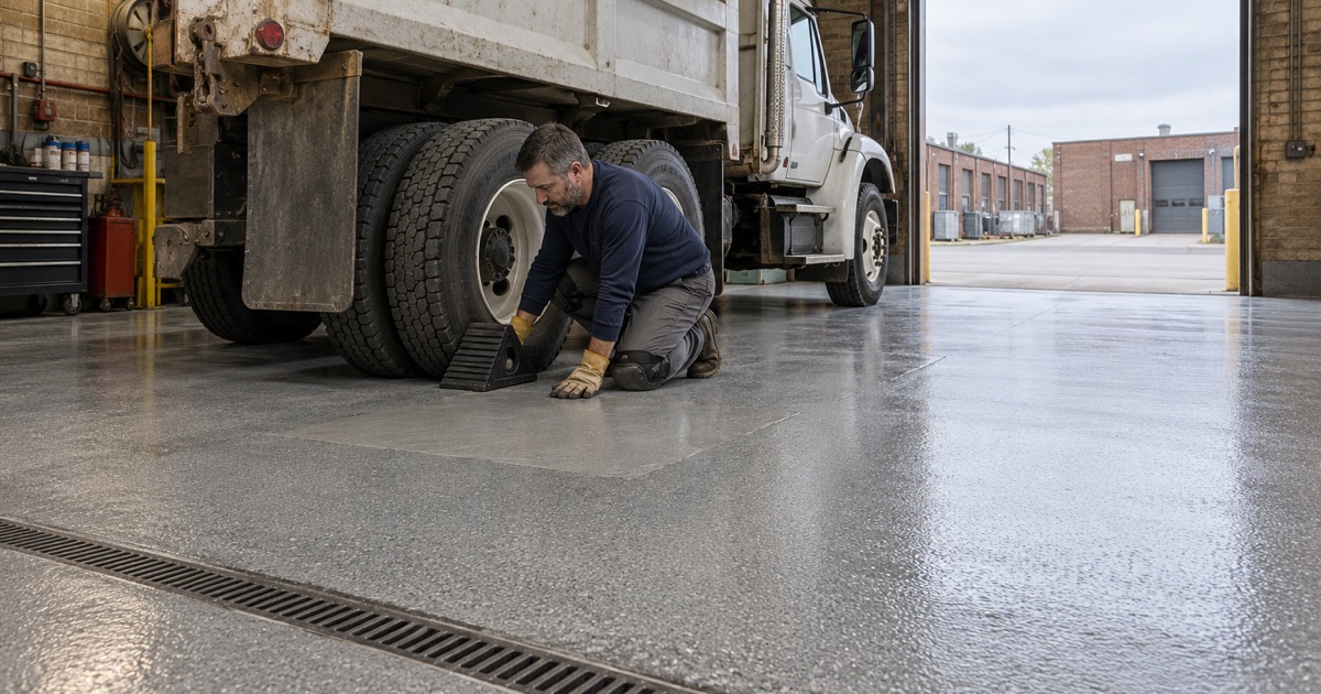A repaired and coated slab under a heavy municipal truck in a Menomonee Valley fleet garage.