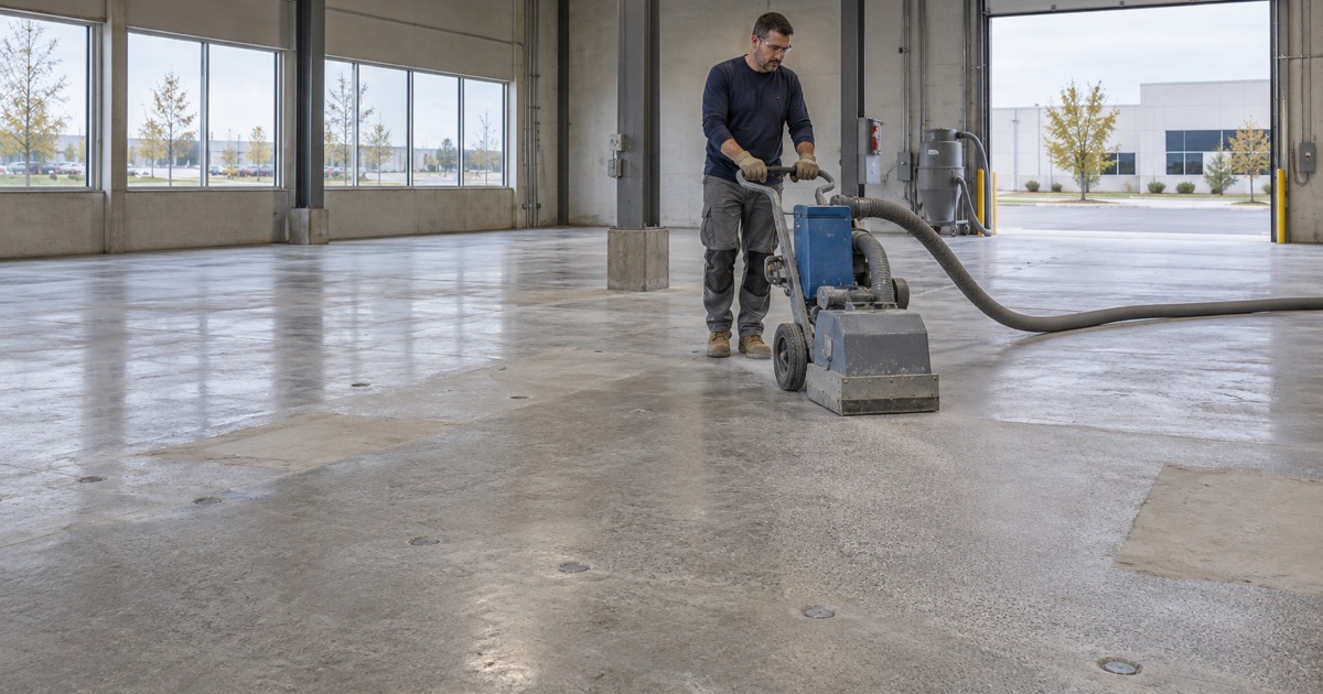 A shot blaster profiling a cleared production floor in a Mequon business park, old anchor bolts already ground flush.