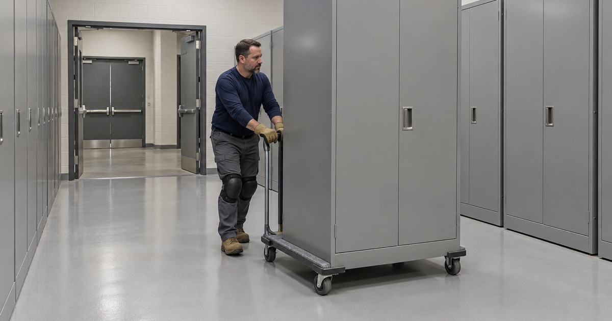 A storage cabinet moved on a dolly across the sealed resin floor of a Milwaukee museum’s collection storage room.