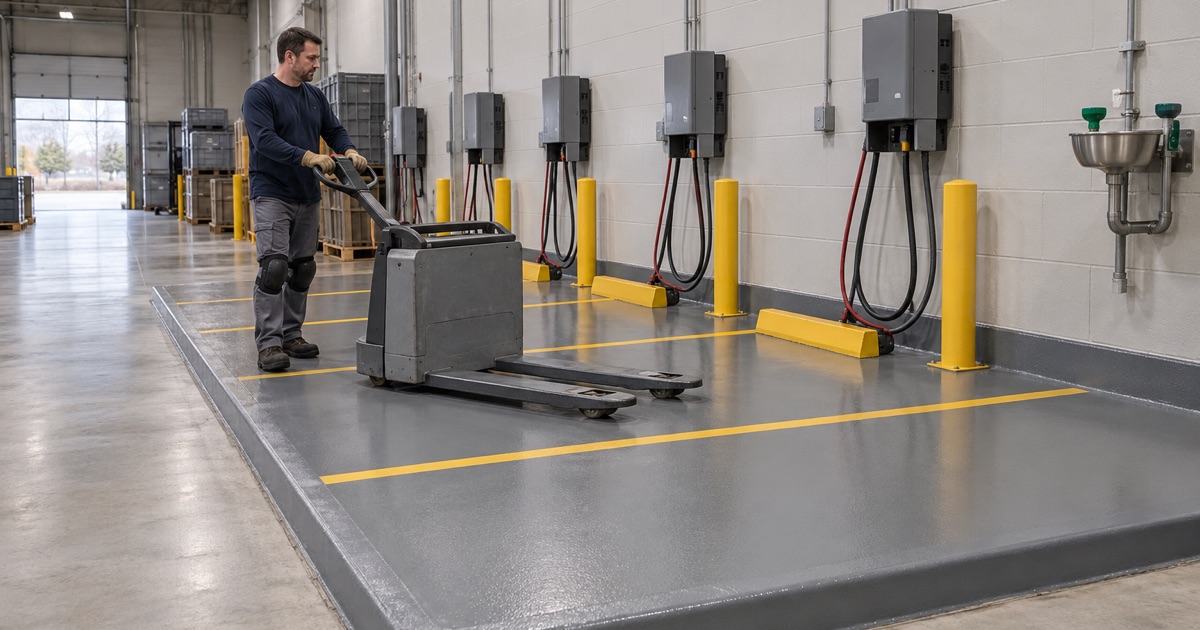 An electric pallet jack eased into the acid-resistant coated charging area of a New Berlin warehouse.