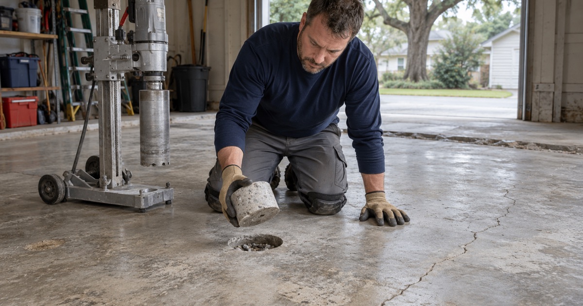 An old Shorewood garage slab cored to decide between resurfacing it and rebuilding it