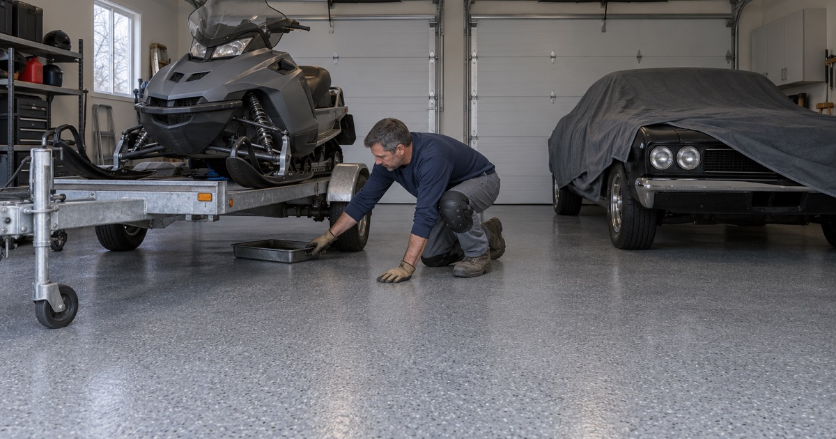 A fuel-resistant flake floor under a snowmobile and a stored car in a Sussex garage