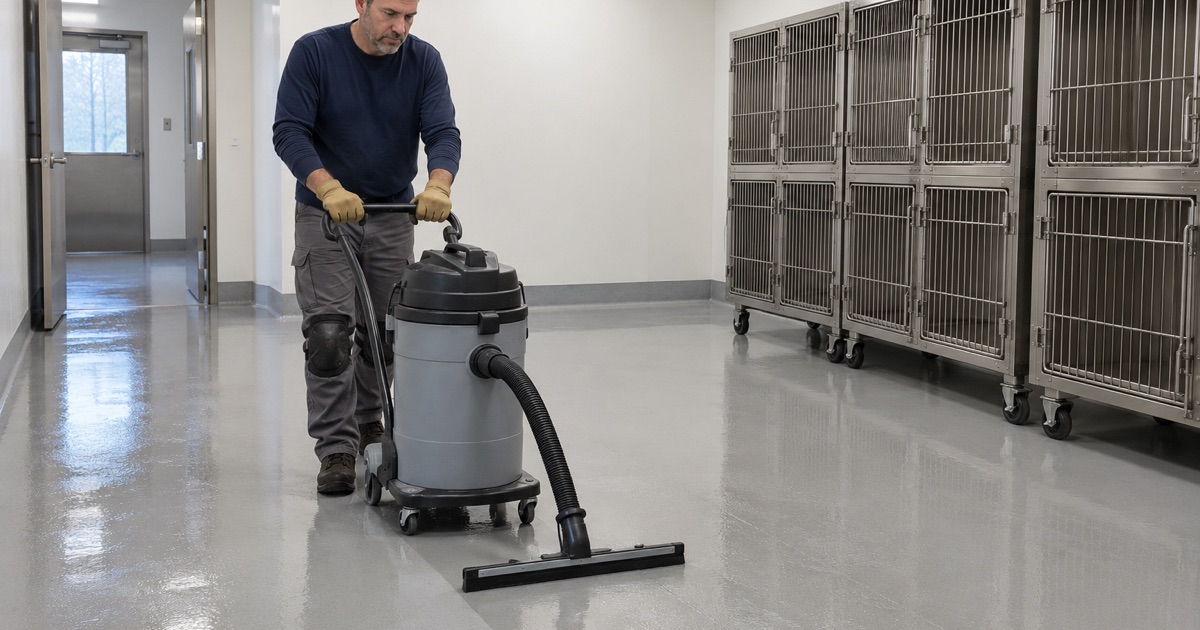 A wet vacuum drawn across the monolithic, drainless resin floor of a research animal room in Wauwatosa.