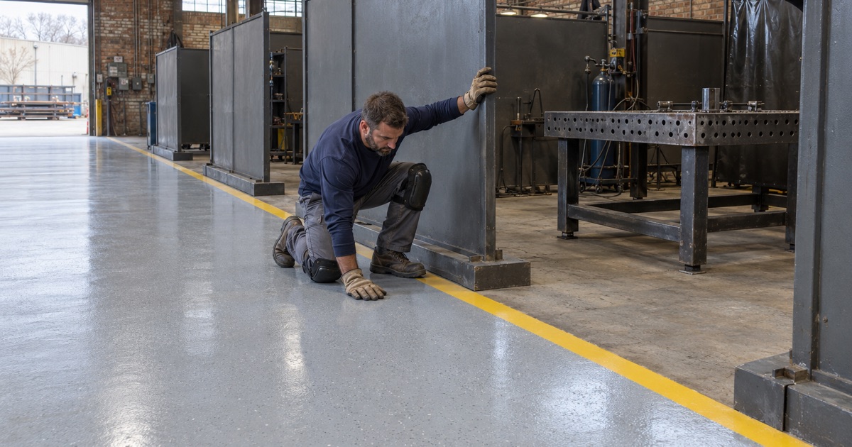 A coated assembly aisle stopping at bare concrete inside the weld cells of a West Allis fabrication shop.