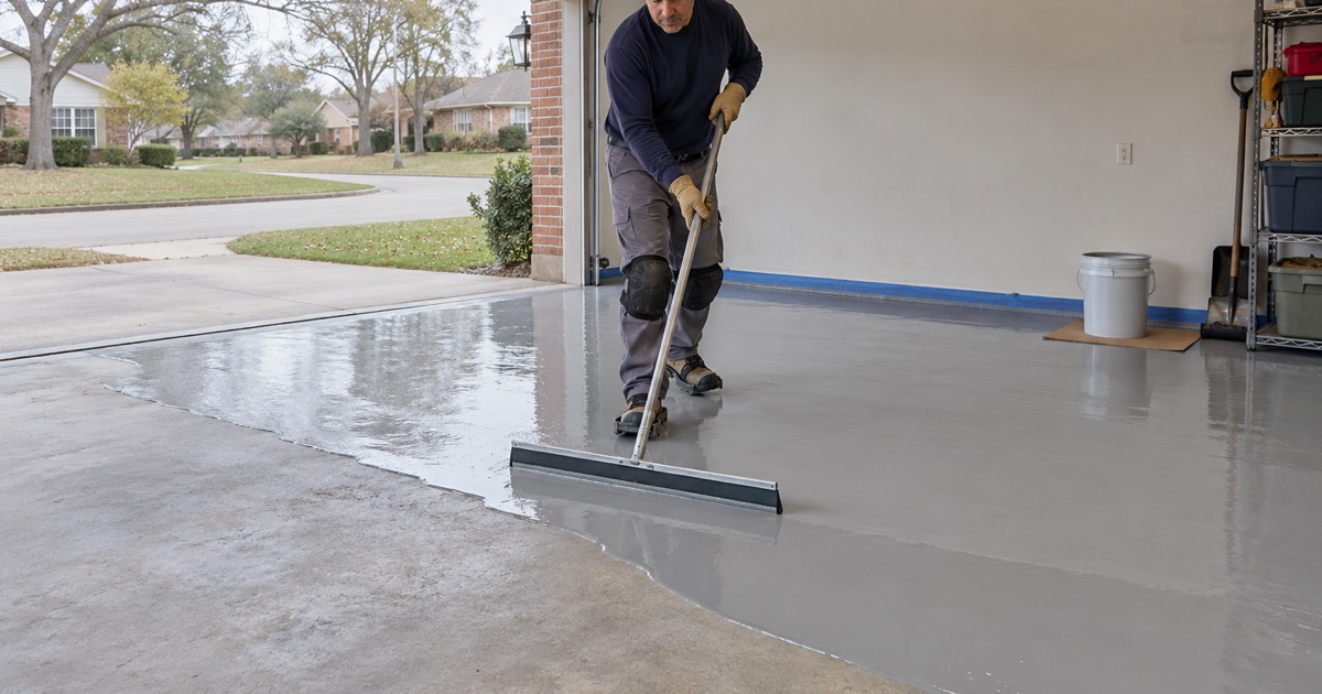 Base coat squeegeed across a freshly ground garage slab in a Brookfield ranch house, the coated half glossy behind the worker.
