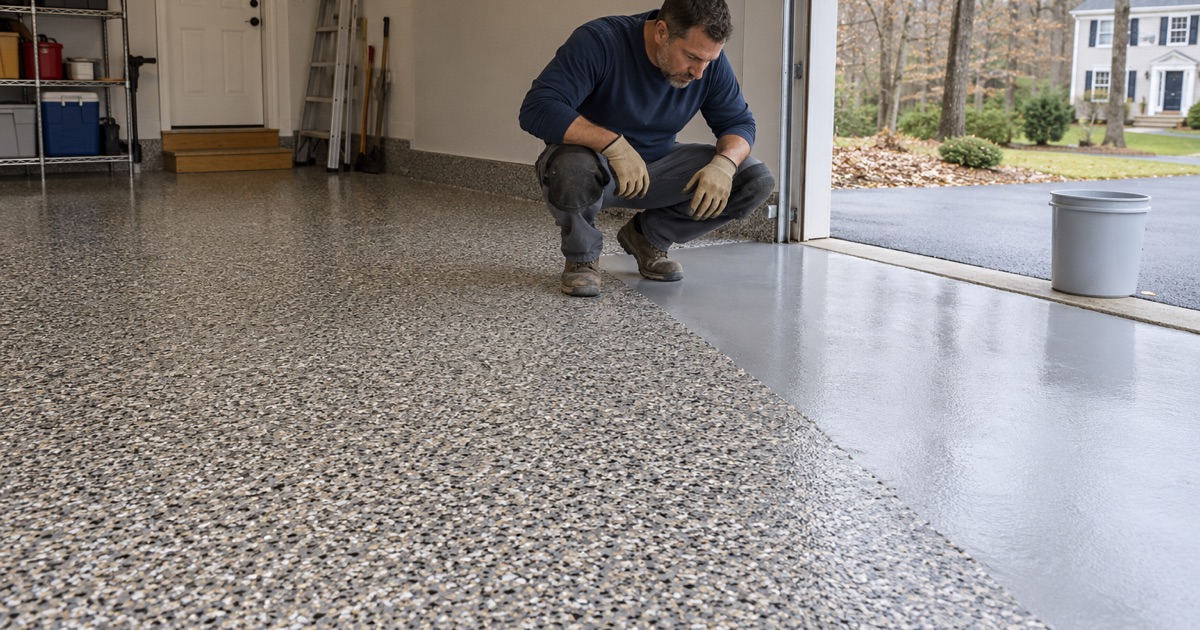 A full flake broadcast settled into the base coat of a Brookfield garage, its installer checking coverage at the working edge.