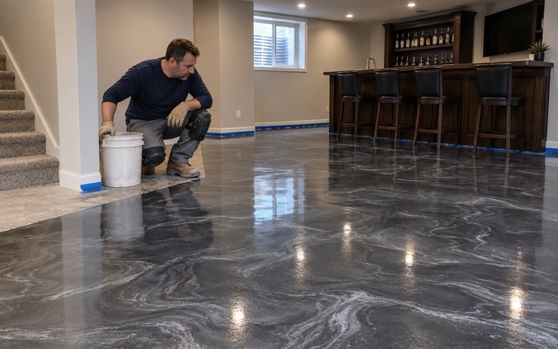 A fresh metallic epoxy pour in pearl and charcoal across the basement bar of a Brookfield home.