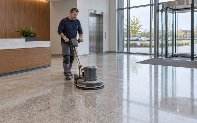A burnisher bringing up the sheen on a polished concrete floor in the lobby of a Brookfield office building.
