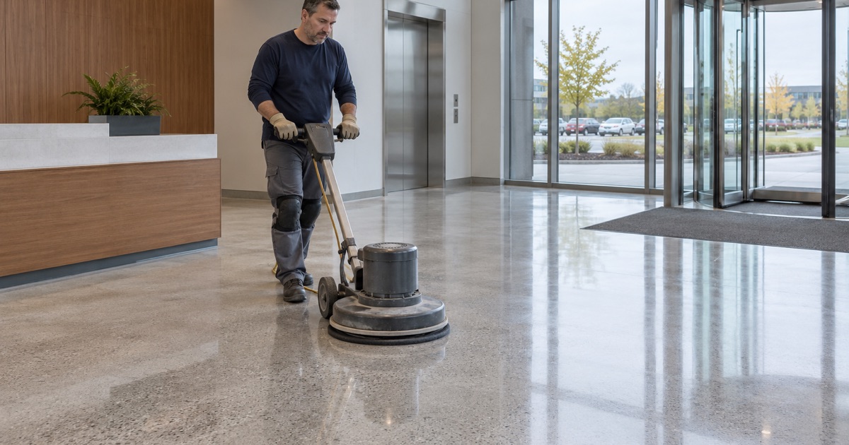 A burnisher bringing up the sheen on a polished concrete floor in the lobby of a Brookfield office building.