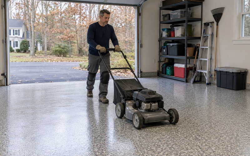 A lawn mower rolled back into a Brookfield garage the same day its polyaspartic flake floor was laid.